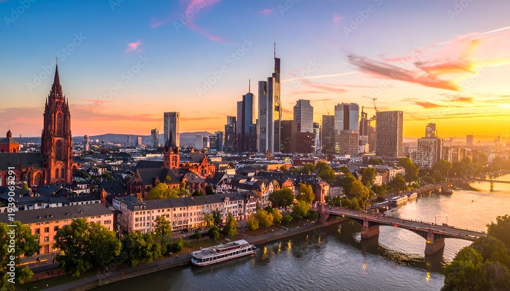 Obraz premium Cityscape with historic church and modern skyscrapers at sunset