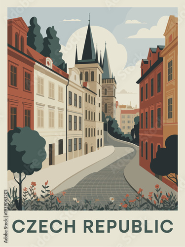 Flat vector illustration of a sunlit Prague street in a realistic-retro style. Features winding cobblestone roads, gothic and baroque architecture, and stylized trees and flowers in muted reds, creams