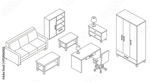Collection of Isometric Furniture Line Drawings for Interior Design.
