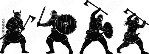 Black Viking Warrior Silhouettes Collection Featuring Medieval Norse Fighters with Swords Axes and Shields for History Graphic Design and Vector