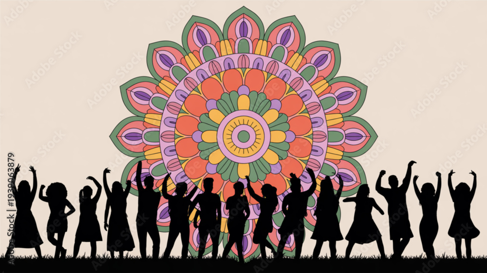 Obraz premium People dancing in front of colorful mandala art joyful silhouettes celebrating with raised arms
