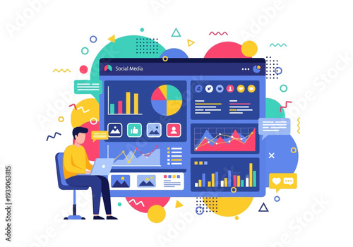 Professional analyzing social media performance data on a laptop, managing online presence with detailed analytics dashboard illustration