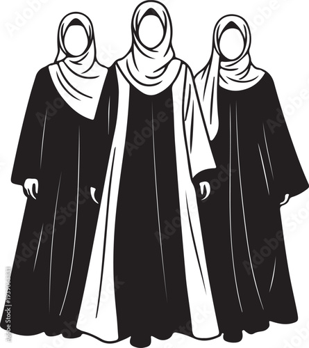 Line drawing of a woman in traditional attire standing outdoors on a path.