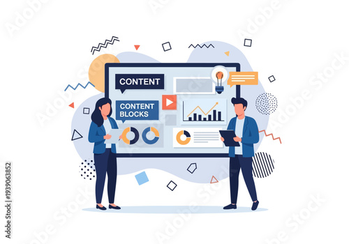 Business team developing and optimizing digital content, managing content blocks and data analytics for effective online presence.
