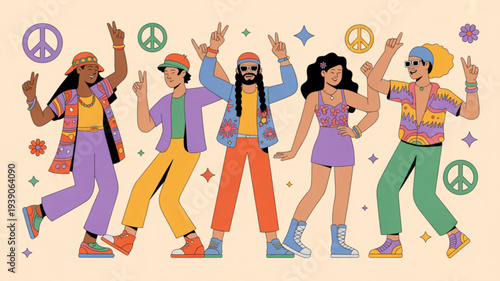 Diverse group of young adults dancing peacefully with colorful outfits and peace signs around them on a beige background