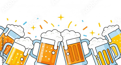 Cheers with frothy beer mugs celebrating a special occasion.