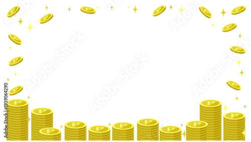 Image of point service coins on a white background. Vector illustration with gold coins sparkling around them. Copy space in the center.