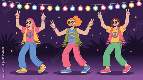 Three young women dancing peacefully under colorful string lights at a vibrant party with a purple background