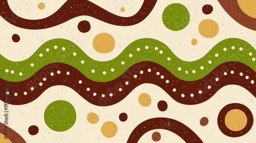 Abstract Seamless Pattern of Wavy Brown Green and Beige Lines and Circles on White Background in Handcrafted Style Suitable for Wallpaper or Textile Design