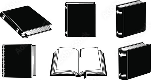 Book silhouette set with various perspectives open and closed hardcover journals vector illustration for library education reading and literature branding design
