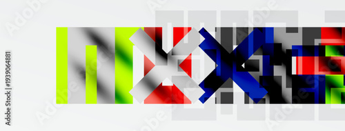 Abstract colorful design features overlapping blocks, creating dynamic visual texture. Letters hint at possible text or logo elements.