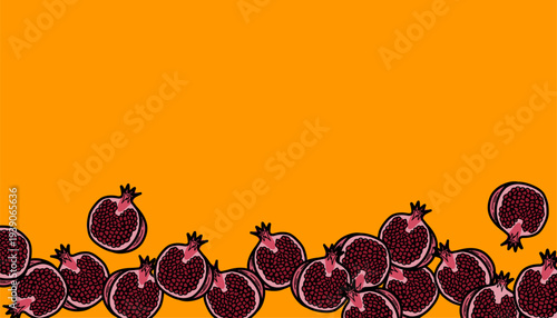 Pomegranate background Pattern. Pomegranate Fruit Illustration. Handdrawn Seed Fruit Doodle. Repeating Red Fruit Texture. Minimalist Botanical Background. Fresh Fruit Pattern Design.