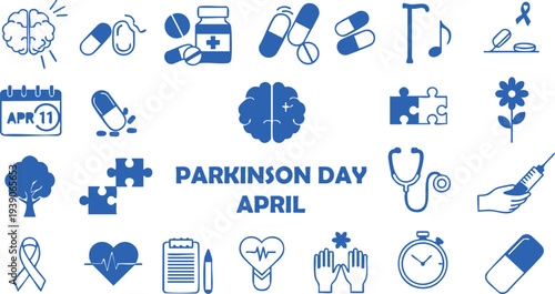 Parkinsons Day Icons in Blue Monochromatic Flat Design on White Background for Health Awareness