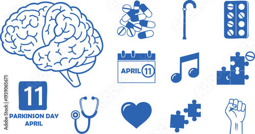 Parkinsons Day Icons in Blue Monochrome Style for Awareness Campaign on White Background