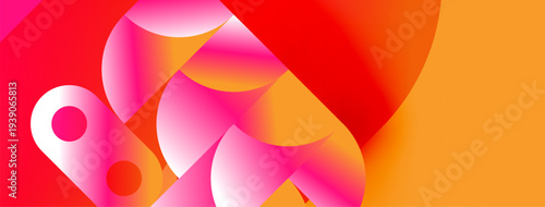 Abstract shapes blend vibrant colors. Pink, orange, red gradients create dynamic composition. Modern design feels energetic, fluid.