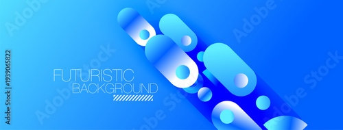 Bright blue background features rounded shapes, gradients, dynamic lines. Modern design suggests technology, innovation, future concepts.