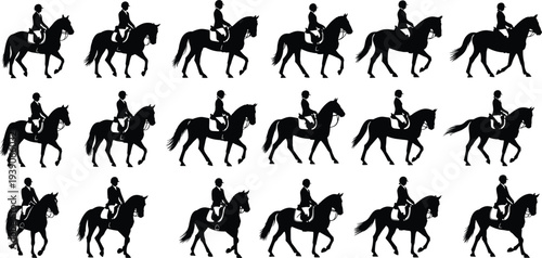 Collection of Black Horse and Rider Silhouettes, Equestrian Dressage and Show Jumping Poses Isolated on White Background for Sports Design