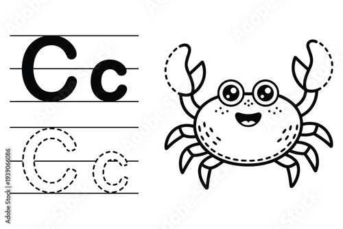 Letter C Tracing Worksheet with Cute Crab Illustration for Kids