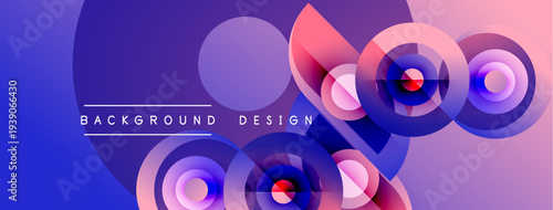 Abstract circles overlap, creating vibrant purple, pink hues. Text reads background design. Modern, dynamic visual composition.