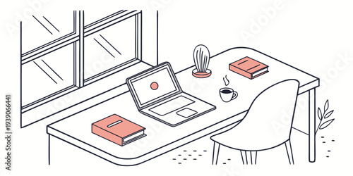 A cozy workspace setup featuring a laptop, books, and stationery on a desk by a window.