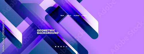 Abstract geometric design. Blue purple gradients create dynamic layers. Minimalist text elements present navigation options. Modern aesthetic.