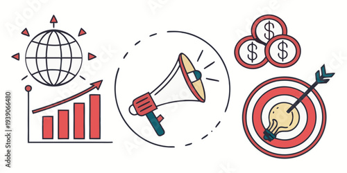 Global marketing strategy with growth and target focus visualization