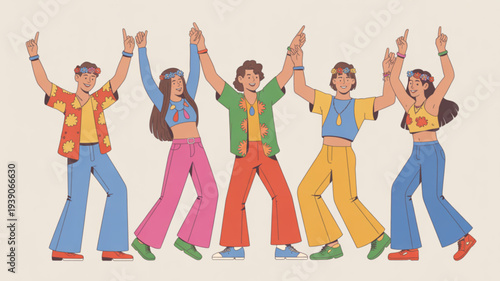 Diverse group of young people dancing and celebrating together with raised hands in colorful outfits