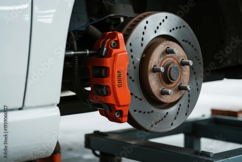 Close-up view of a vehicle's brake system featuring a red caliper and perforated rotor