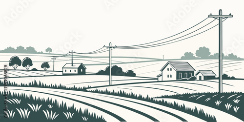 Rural landscape with railway tracks and power lines stretching into the horizon