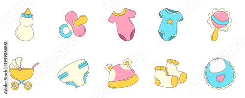 Baby Items Doodle Icons Set