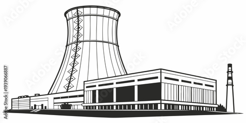 Nuclear power plant with cooling towers and reactor building