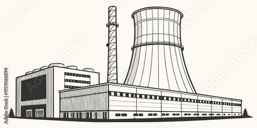 Modern nuclear power plant with cooling towers and industrial buildings