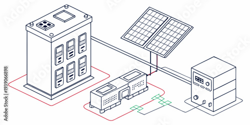 Diagram of a solar power system connected to electrical components and storage units