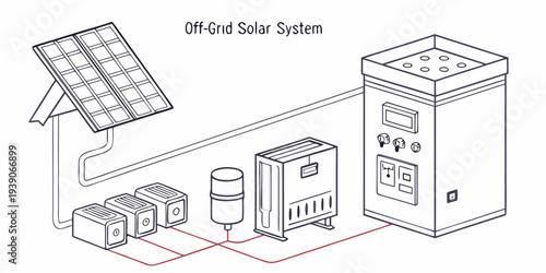 Diagram of a grid-tied solar power system with battery storage and home appliances