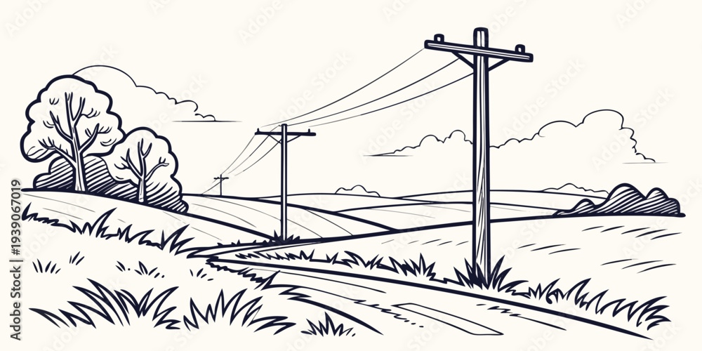Naklejka premium Rural landscape with power lines and trees along a country road