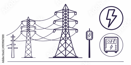 Illustration of electrical power transmission infrastructure with substation components