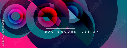 Abstract colorful layers create dynamic visual effect. Modern design features overlapping shapes, vibrant hues. Background includes text elements.