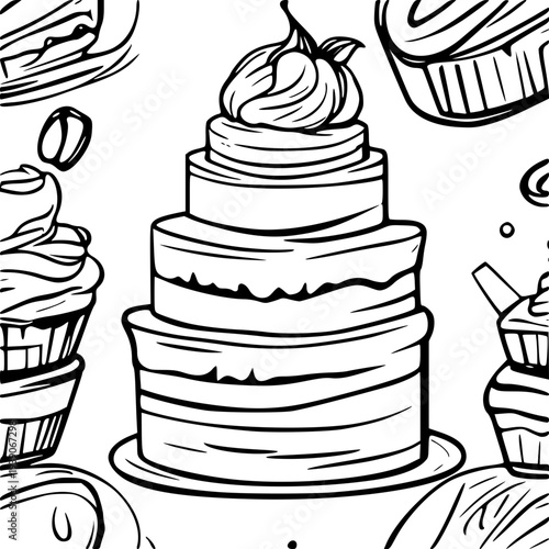 Monochrome Sweet Dessert Seamless Pattern with Multi-Tiered Cake and Cupcakes. Hand-drawn black and white vector illustration of a tiered wedding cake and delicious cupcakes. Seamless pattern design 