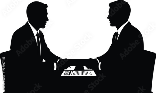 Two Business Professional Men Sitting At Desk Having Job Interview Or Formal Meeting Conversation With Resume In Office Environment Flavector