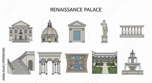An illustration set showcasing ten architectural elements of a Renaissance palace