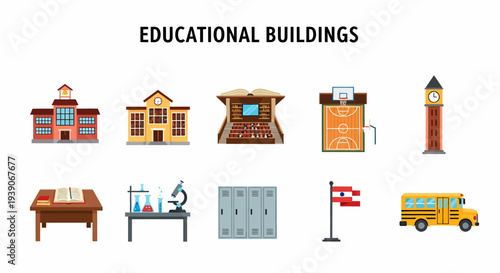 Collection of educational building icons including schools library court and transport