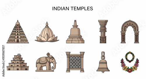 Collection of ten icons representing various elements of Indian temples
