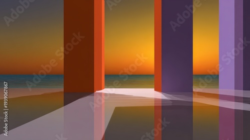 Geometric Seascape at Sunset with Orange Sky Reflecting on Water and Abstract Columns