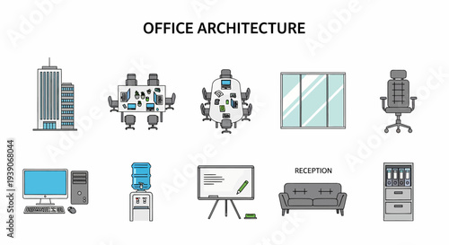 Illustration of office architecture icons including buildings furniture and equipment