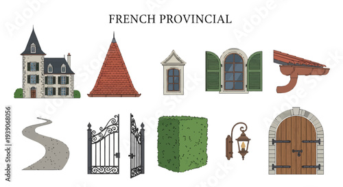 French provincial architectural elements including a house roof windows gate and path
