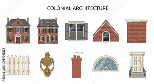 Illustrations of various components of Colonial architecture styles