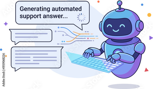 A robot generates automated support answers on a laptop in a colorful environment.