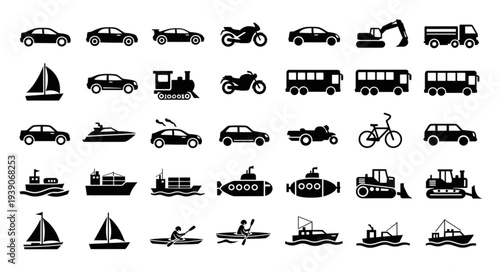 A comprehensive collection of various transportation vehicle icons, including cars, motorcycles, boats, and trains.