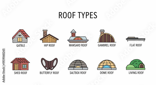 Ten distinct roof types illustrated with line art drawings and labels