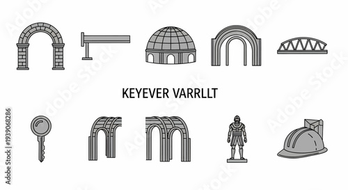 Ten gray lineart icons depicting architectural elements a key a statue and a hard hat